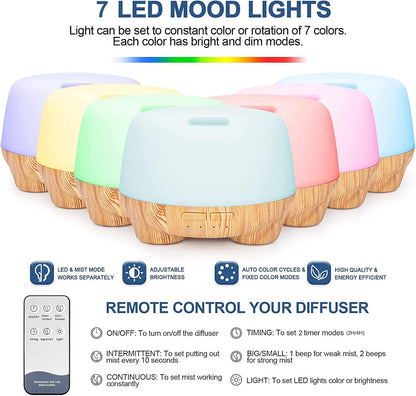 MARCHRED 500ML Aromatherapy Essential Oil Diffusers,Ultrasonic Cool Mist Aroma Diffuser Air Humidifier with Remote Control,7LED Light,4 Timer for Large Room, Home, Bedroom
