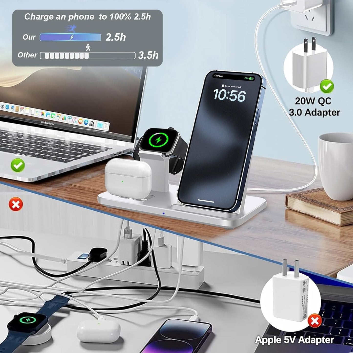 Wireless Charging Station 3 in 1 Wireless Charger for iPhone 16 15 14 13 12 11 Pro Max, Magnetic Charger Compatible with Apple Watch 10/Ultra 2/9/8/7/SE/6/5/4/3/2,Charging Dock for Airpods4/Pro/3/2