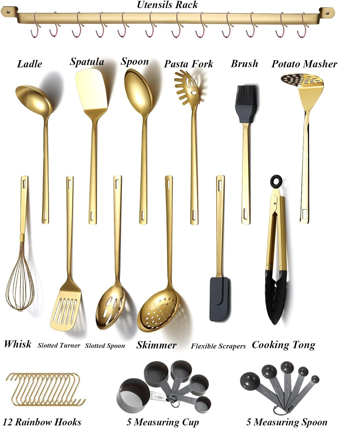 Stainless Steel Kitchen Utensil Set, Kyraton 37 Piece Kitchen Utensil Set, Kitchen Gadget Set with Non-Stick and Heat Resistant Utensil Holder