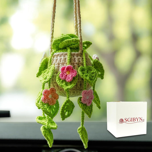Crochet Hanging Plant for Car Interior, Strawberry Aesthetic Accessories for Women, Pendant Ornaments for Rear View Mirror, Boho Decoration Gifts