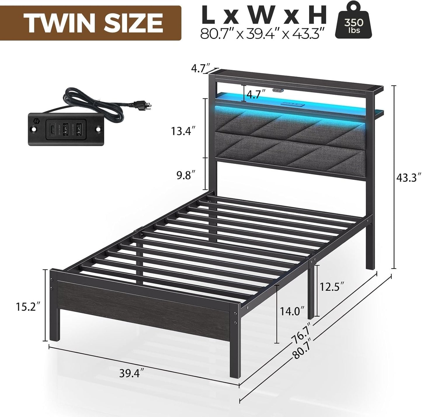 Seventable Bed Frame Twin Size with Charging Station, LED Bed with Upholstered Storage Headboard, Metal Single Platform with Under Bed Storage, No Box Spring Needed, Easy Assembly, Grey
