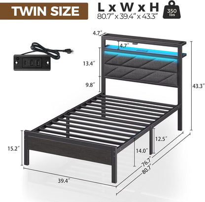 Seventable Bed Frame Twin Size with Charging Station, LED Bed with Upholstered Storage Headboard, Metal Single Platform with Under Bed Storage, No Box Spring Needed, Easy Assembly, Grey