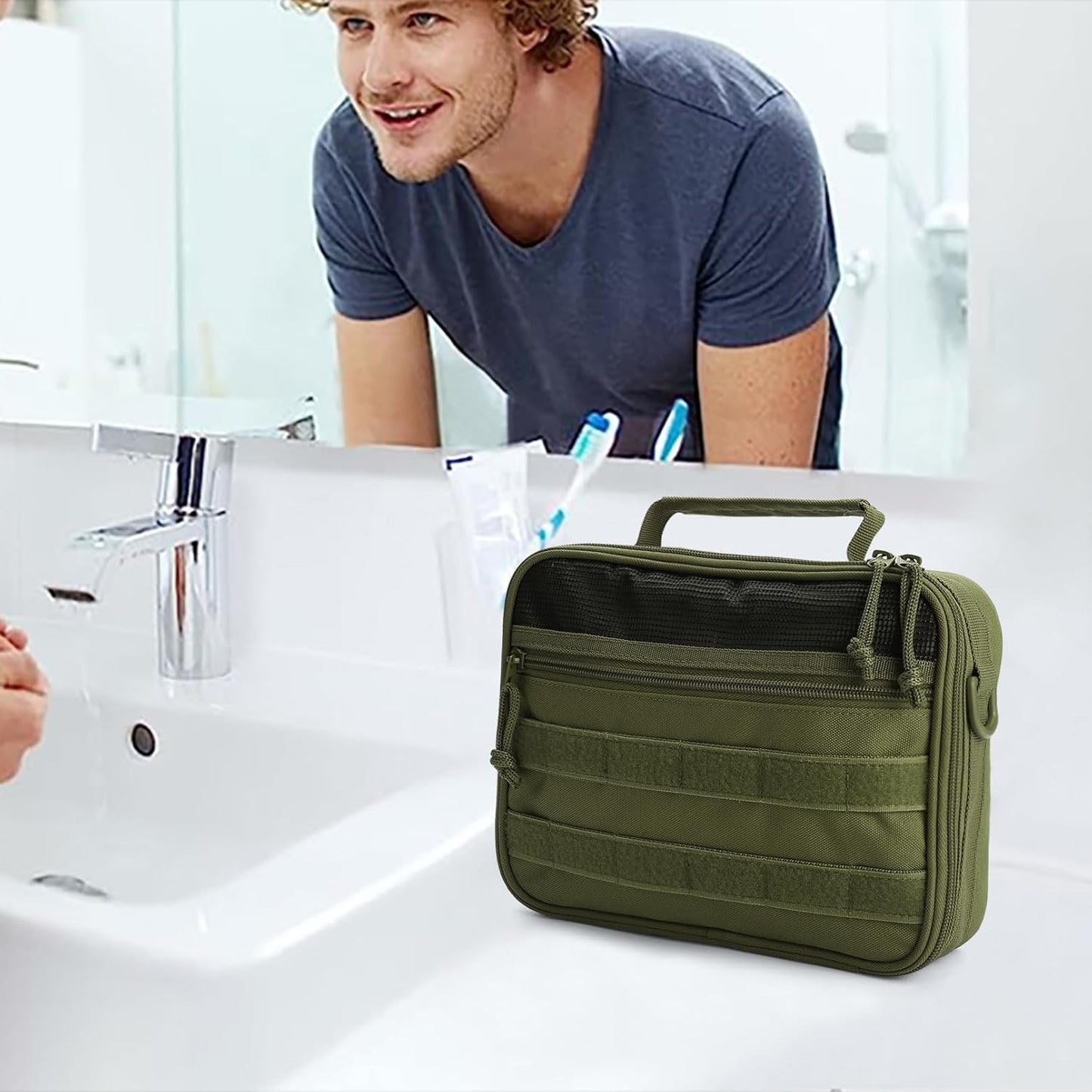 SMONT Tactical Toiletry Bag for Men, 9.5" Hanging Dopp Kit Shaving Hygiene Bag for Traveling Bathroom, Green, Multifunctional
