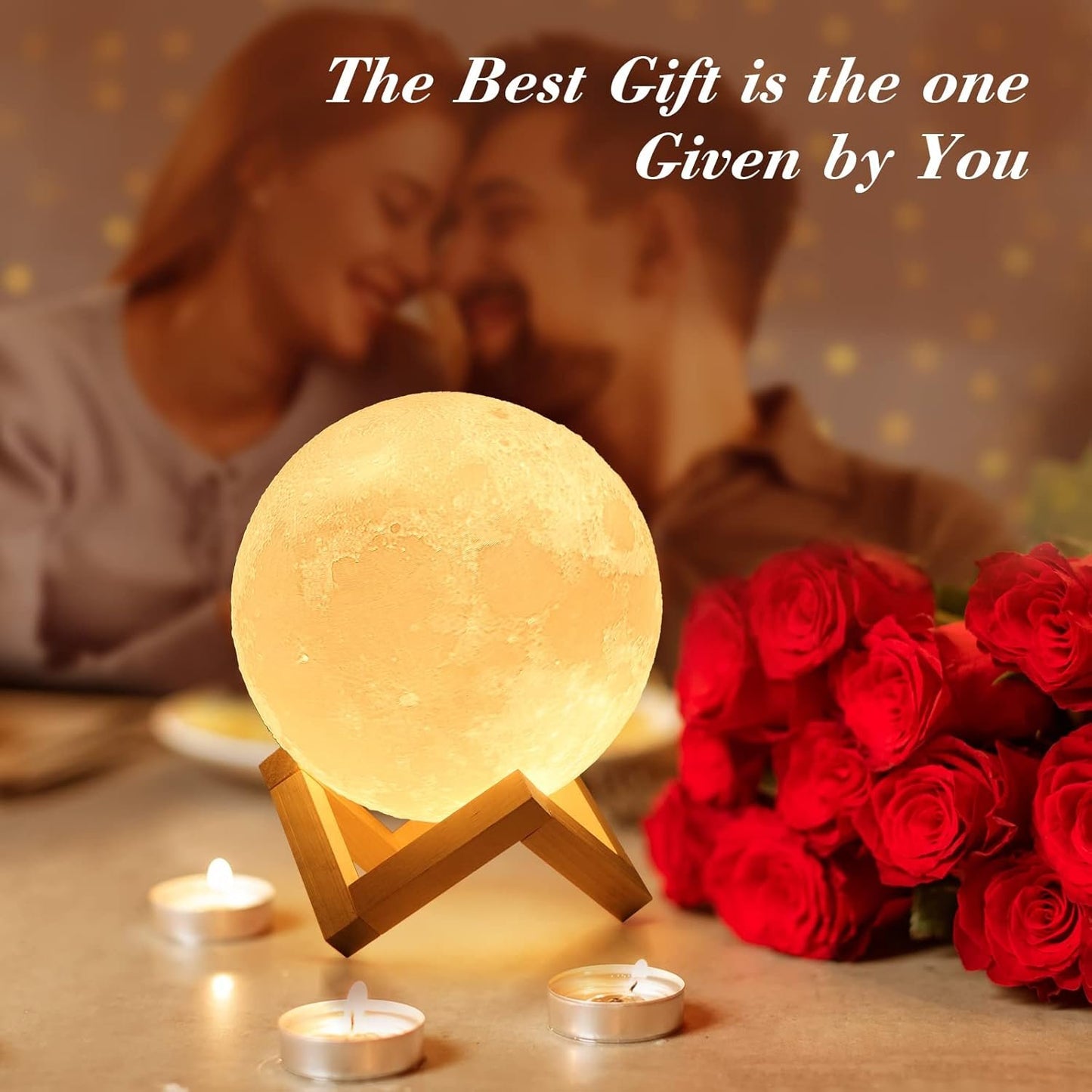 Mydethun Moon Lamp - Mothers Day Home Décor, Night Light, Moon Light with Brightness Control, LED Night Light, Bedroom, Women Kids Birthday Gift, Wooden Base, 5.9", White & Yellow