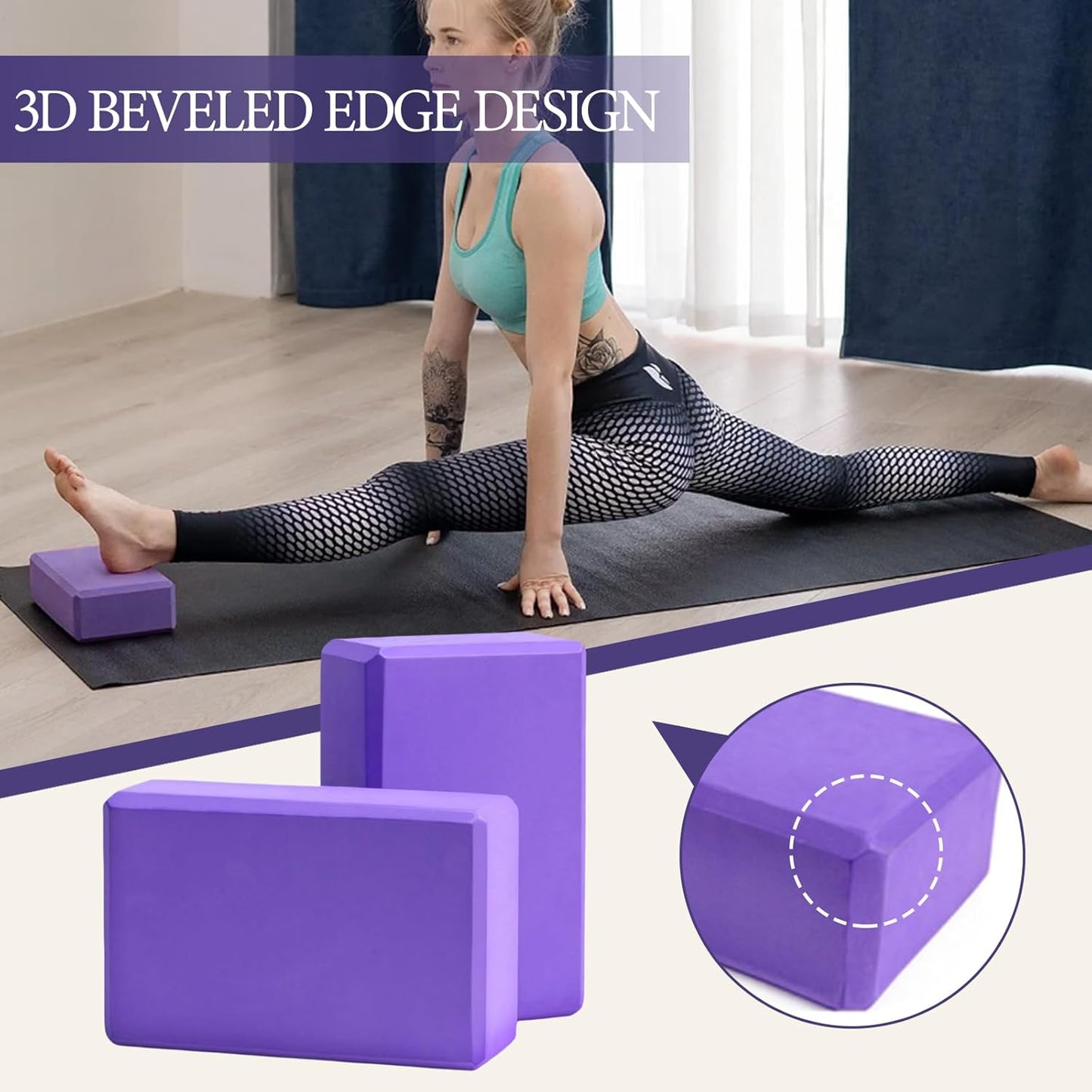 Yoga Blocks 2 Pack, high-density yoga block, EVA foam yoga block, with stretching belt, odor resistant and antiskid, used for yoga, Pilates and meditation