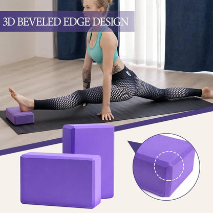 Yoga Blocks 2 Pack, high-density yoga block, EVA foam yoga block, with stretching belt, odor resistant and antiskid, used for yoga, Pilates and meditation