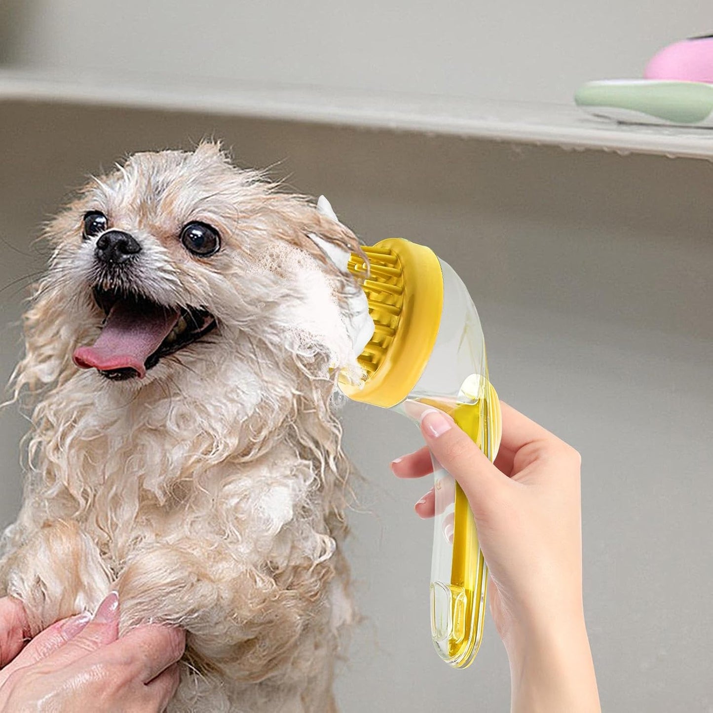 Dog Wash Brush - Soft Dog Shower Brush with Long Handle | Grooming Tool Cleaner Silicone Bristle Cat Comb Shower Accessories for Puppy Kitten Small Animals