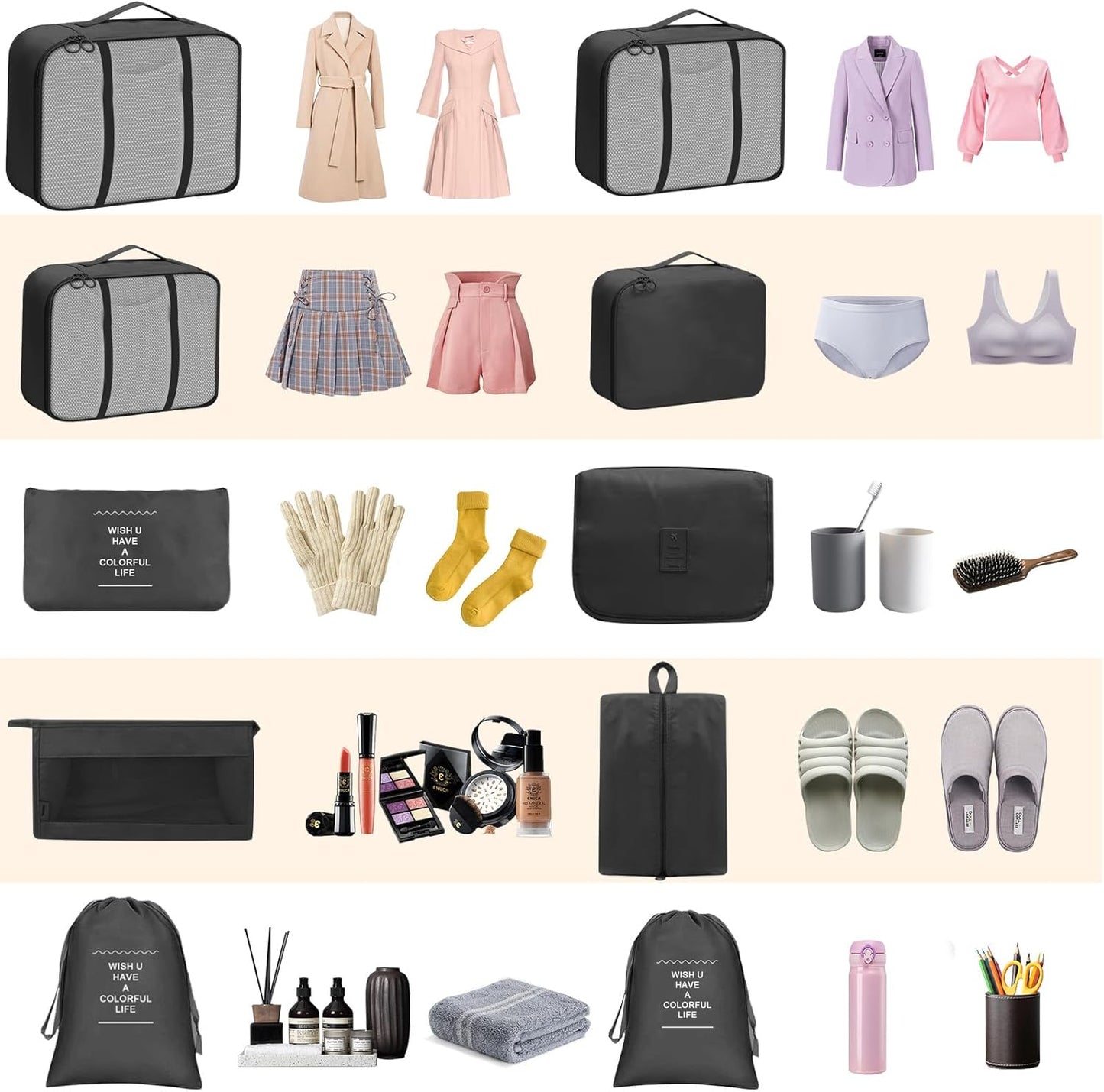 Qintora 10-Piece Suitcase Organizer Set Space-Saving Suitcase, Packing Cubes, Waterproof Travel Organizer, Clothes Underwear Footwear, Organizer for Backpack Organizer (Black)
