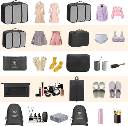 Qintora 10-Piece Suitcase Organizer Set Space-Saving Suitcase, Packing Cubes, Waterproof Travel Organizer, Clothes Underwear Footwear, Organizer for Backpack Organizer (Black)