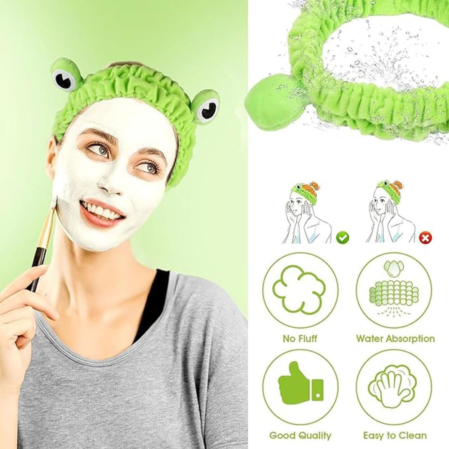 YQkangzhu 2pcs Frog Headband & Snail Skincare Headbands, 4pcs Spa Wristbands, Puffy Makeup Head Bands, Cartoon Face Wash Hair Band, Cute Animal Flannel Elastic Hair Accessories for Face Washing Shower