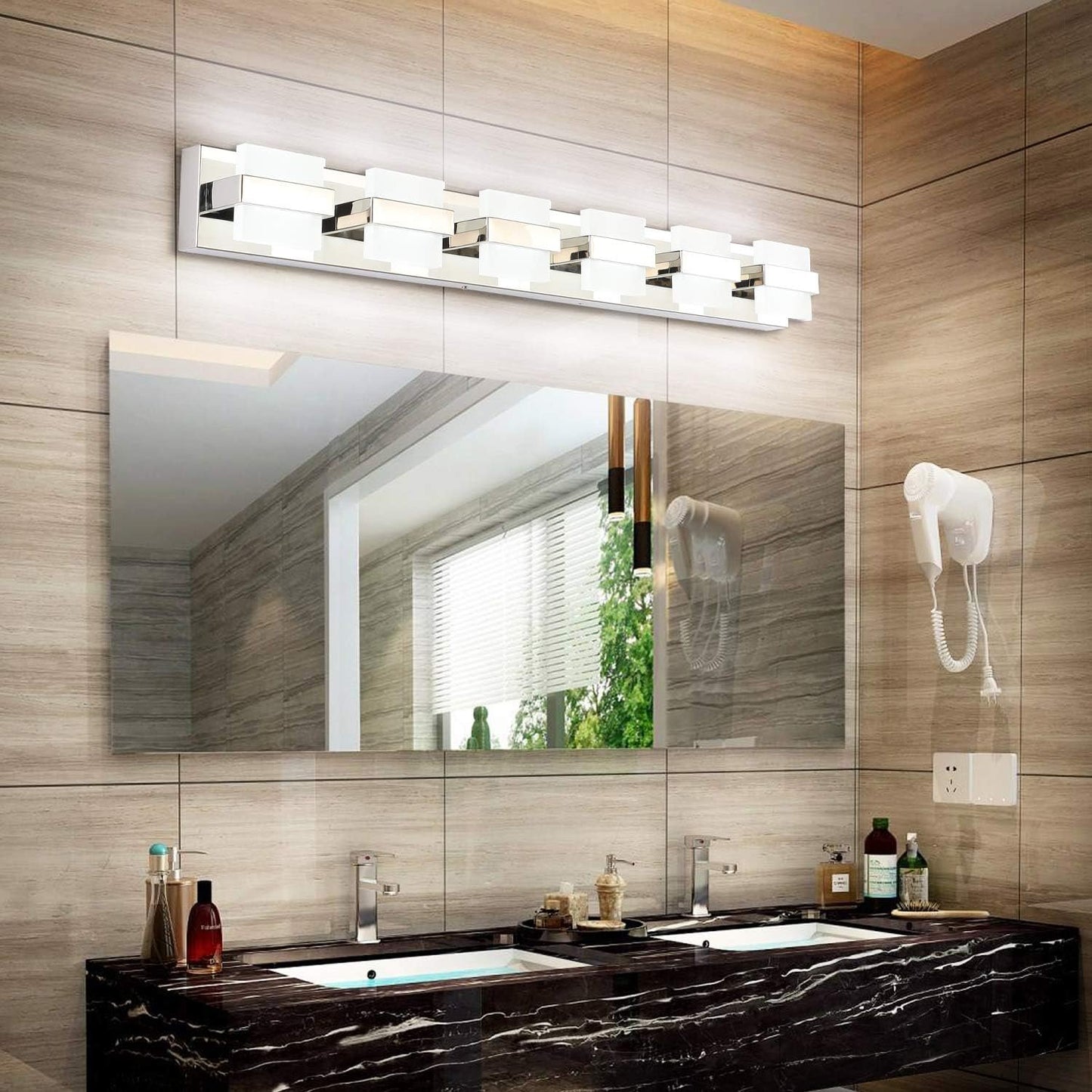 SOLFART 6 Lights Chrome Bathroom Light Fixtures Modern LED Bathroom Light Bathroom Vanity Lights Over Mirror 41 inch White Light Dimmable