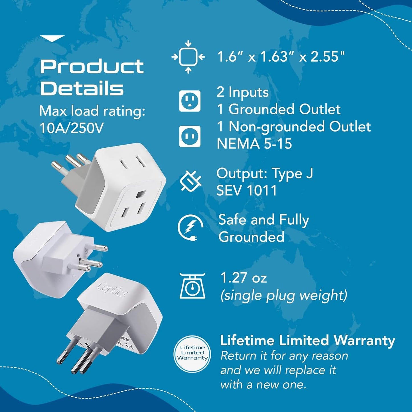 Ceptics Canada to Switzerland Travel Adapter (Type J) - Dual Input - Ultra Compact - Charge your Cell Phone, Laptops, Tablets (CT-11A, 3 Pack)