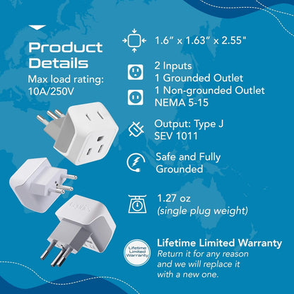 Ceptics Canada to Switzerland Travel Adapter (Type J) - Dual Input - Ultra Compact - Charge your Cell Phone, Laptops, Tablets (CT-11A, 3 Pack)