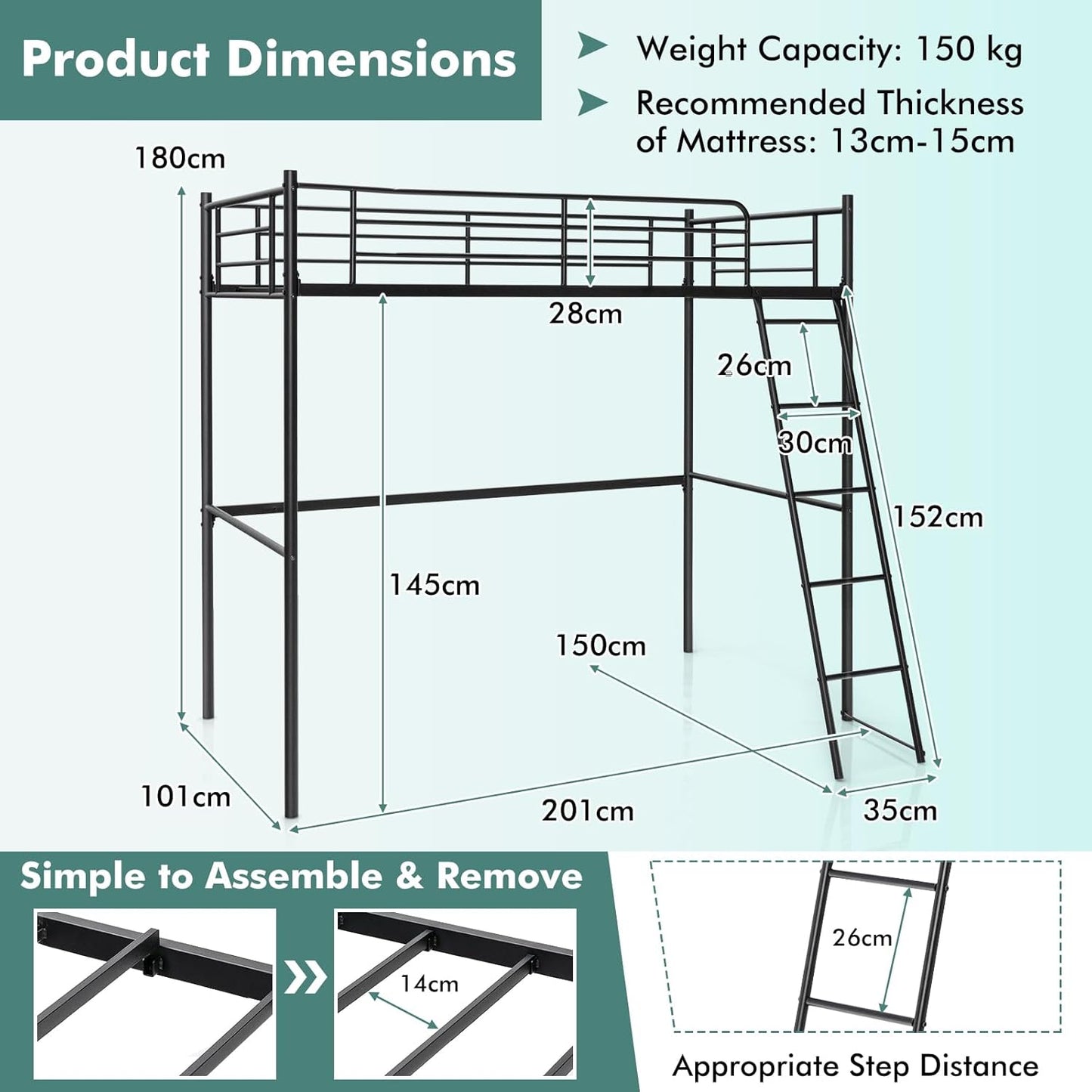 Giantex Loft Bed with Ladder, Heavy-Duty Steel Bed Frame with High Guard Rails & Ample Underneath Floor Space for Working & Relaxation, Versatile Bed Frame, No Box Spring Needed, Space-Saving (Black)