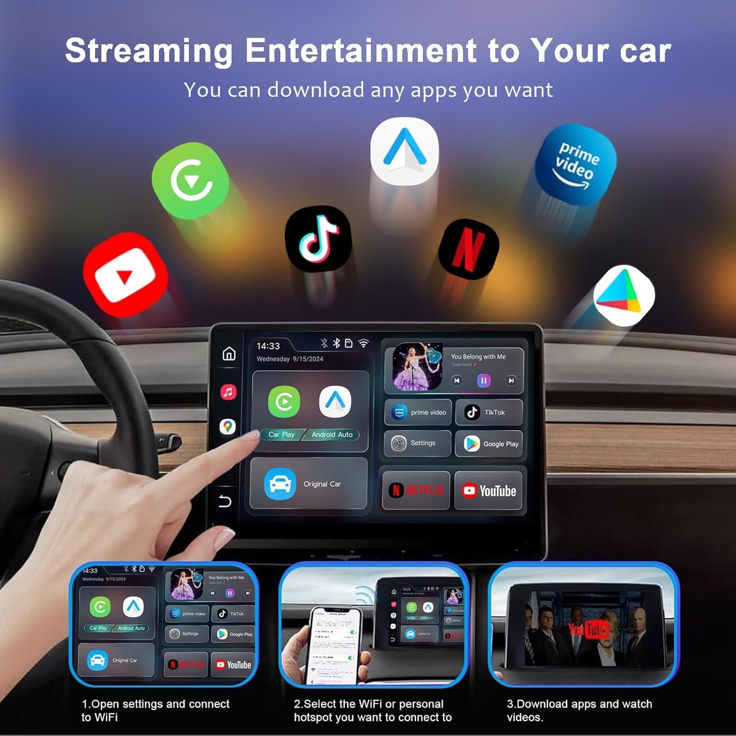 2025 Smart Ai Box 2.0 Wireless CarPlay Android Auto Adapter Dongle for Cars with OEM Wired CarPlay, Magic CarPlay Ai Box Streaming YouTube TikTok Netflix Video Apps, Support TF Card GPS Dual WiFi