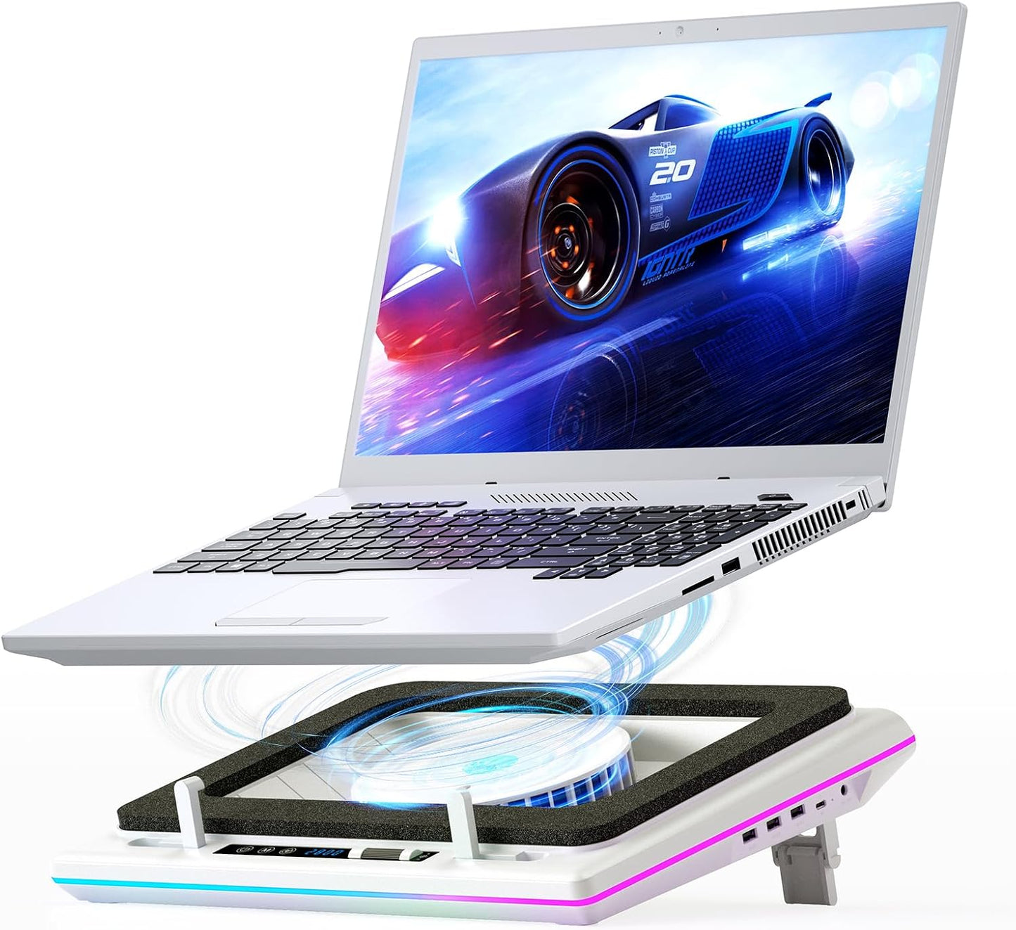 llano RGB Laptop Cooling Pad with Powerful Turbofan, Gaming Laptop Cooler with Infinitely Variable Speed,Touch Control,LCD Screen,Seal Foam for Rapid Cooling Laptop15-19in (White)