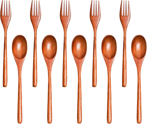 YIQXKOUY 10 Pack Wooden Spoons Forks Set Reusable Eco-Friendly Natural Wood Dinnerware Utensil Cutlery Wooden Dinner Utensil Set for Food Desserts Soup Salad Fruit for Cooking Stirring Eating