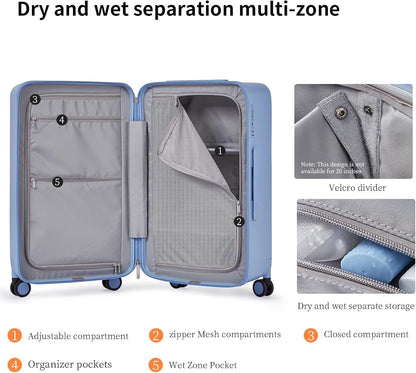 Carry On Luggage Suitcases with Wheels: Checked 26 inch Luggage with 8 Spinner Wheels, 3:7 Container Ratio Large Suitcase with 100% PC Hard Shell Travel Luggage Suitcases (Blueberry Blue)