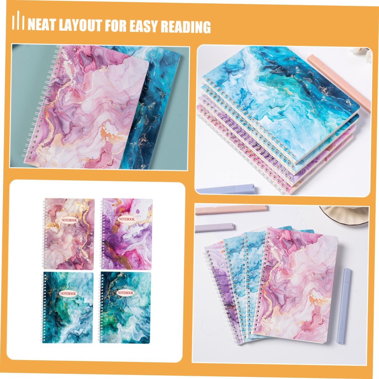 FONDOTIN 4pcs Spiral Planner Notebooks with Marble Design Pages Each Stylish College Ruled Notepad for Office School Supplies Durable Coil Binding Elegant Note Taking