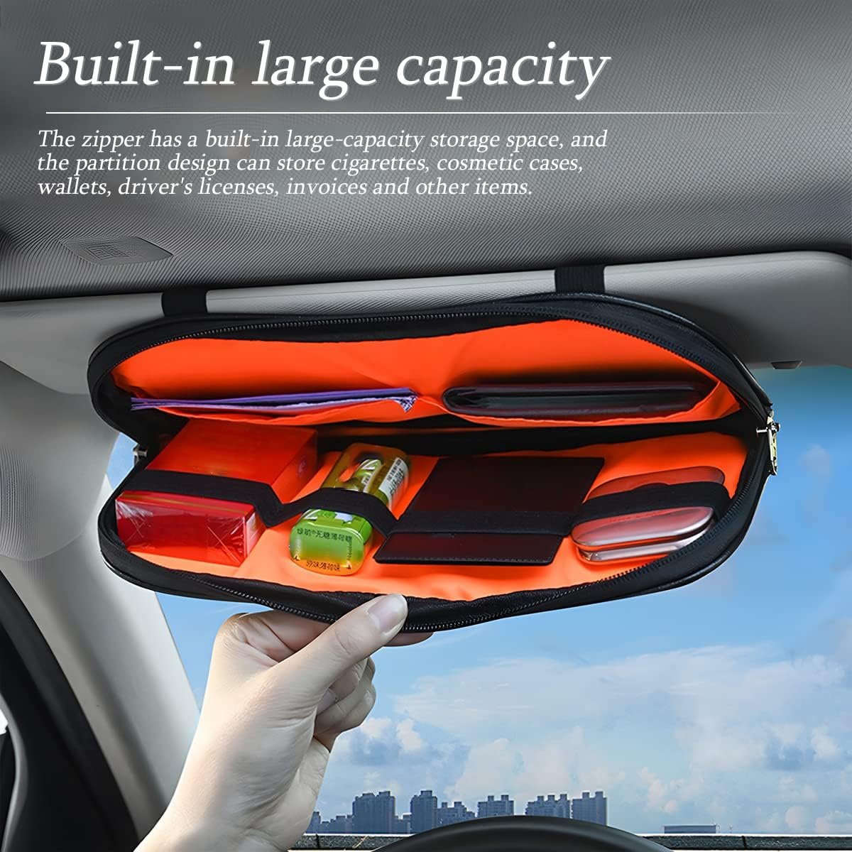 Car Sun Visor Organizer, Sunglass Holder and Storage Pocket, Card Cash Pouch with Multi-Pocket Net Zipper, Case Bag for License Pen Key, Auto Interior Accessories for Truck, SUV, Van (Purple)