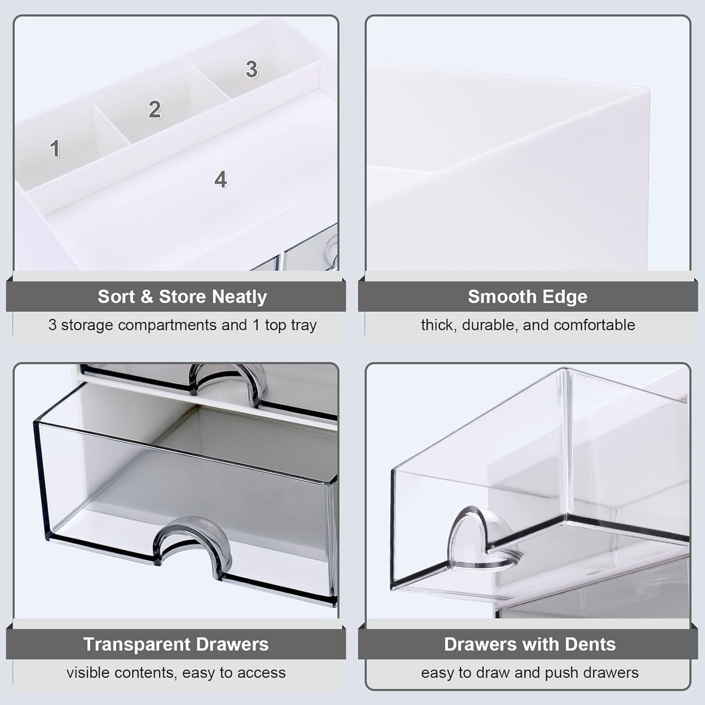 Meiikun Desk Organizer and Accessories, Plastic Stationery Storage Box with 4 Drawers, 3 Compartments & a Top Tray, Bathroom Organizers Makeup Brush Holder for Women, 21 cm x 14.2 cm x 12.2 cm (White)
