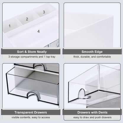 Meiikun Desk Organizer and Accessories, Plastic Stationery Storage Box with 4 Drawers, 3 Compartments & a Top Tray, Bathroom Organizers Makeup Brush Holder for Women, 21 cm x 14.2 cm x 12.2 cm (White)