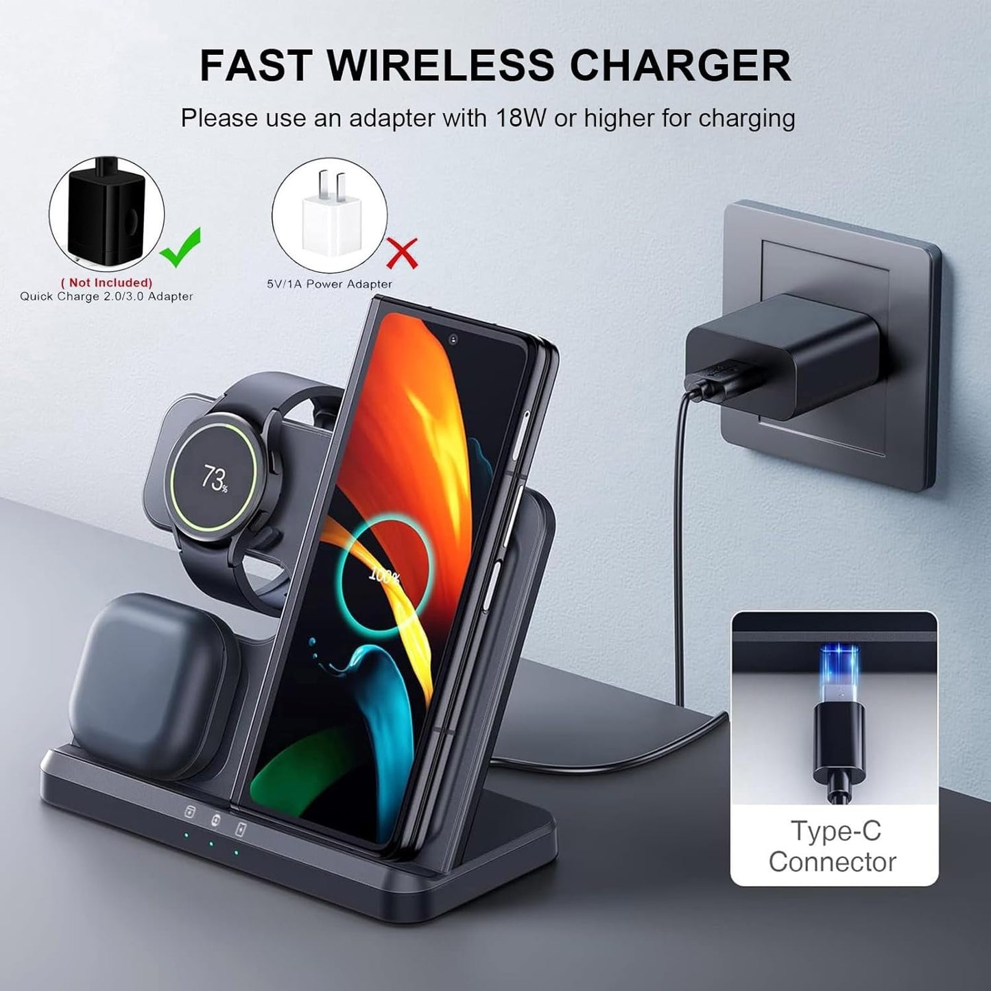FDGAO 3 in 1 Wireless Charger, 15W Fast Wireless Charging Station Stand for Samsung Galaxy S24/S23/S22/S21/S20/S10,Note 20/10, Galaxy Buds Pro/Live, Galaxy Watch7/6/5 Pro/5/4/3/Active 2, Black
