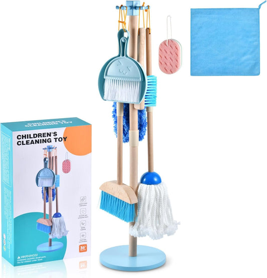 WHOHOLL Wooden Toddler Cleaning Set, Toddler Toys Montessori Toys for 3+ Years Old, Housekeeping Play Set Includes Broom Mop Duster Dustpan Sponge and Organizing Stand, STEM Skill Developmental Gift