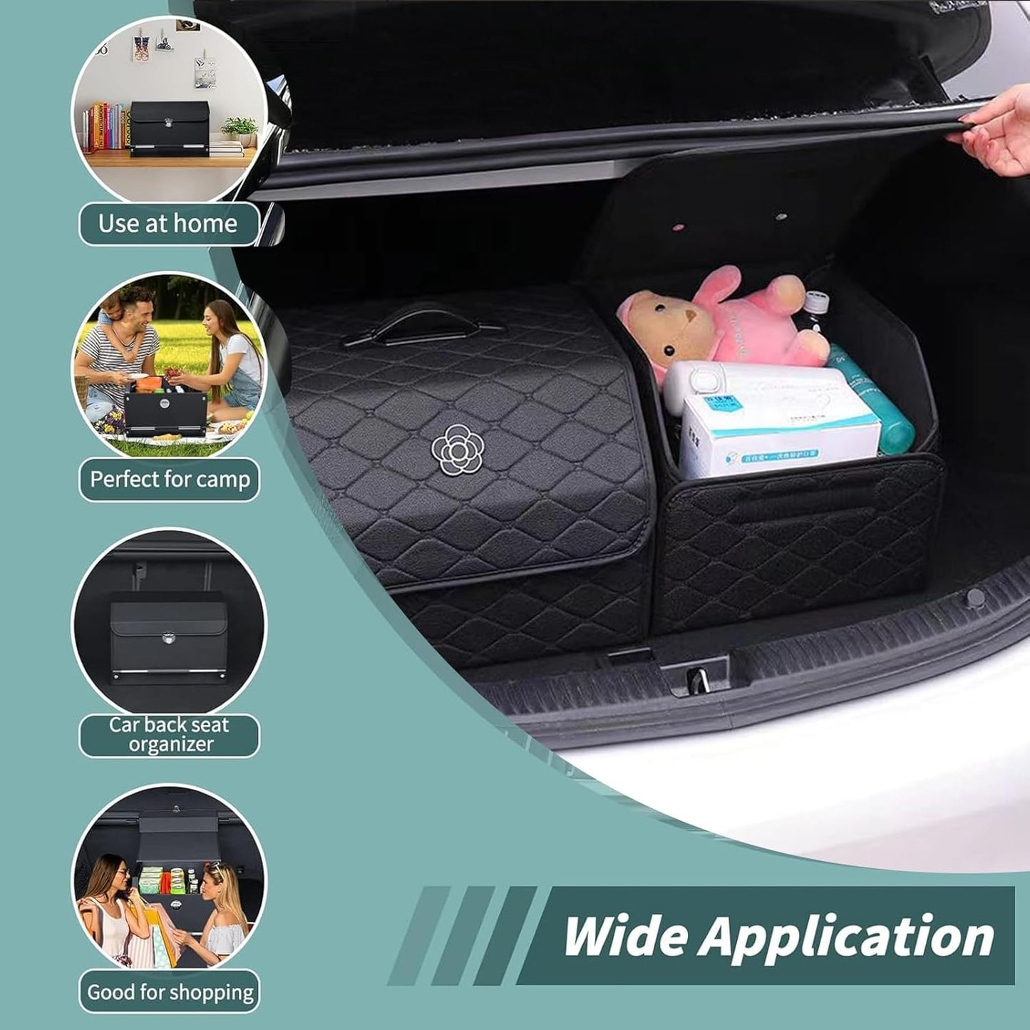 Trunk Organizer for SUV & Sedan, Car Organizers and Storage with Lid Black, Leather Storage Box with Lid, Multi-functional Collapsible Cargo Bins(Large)