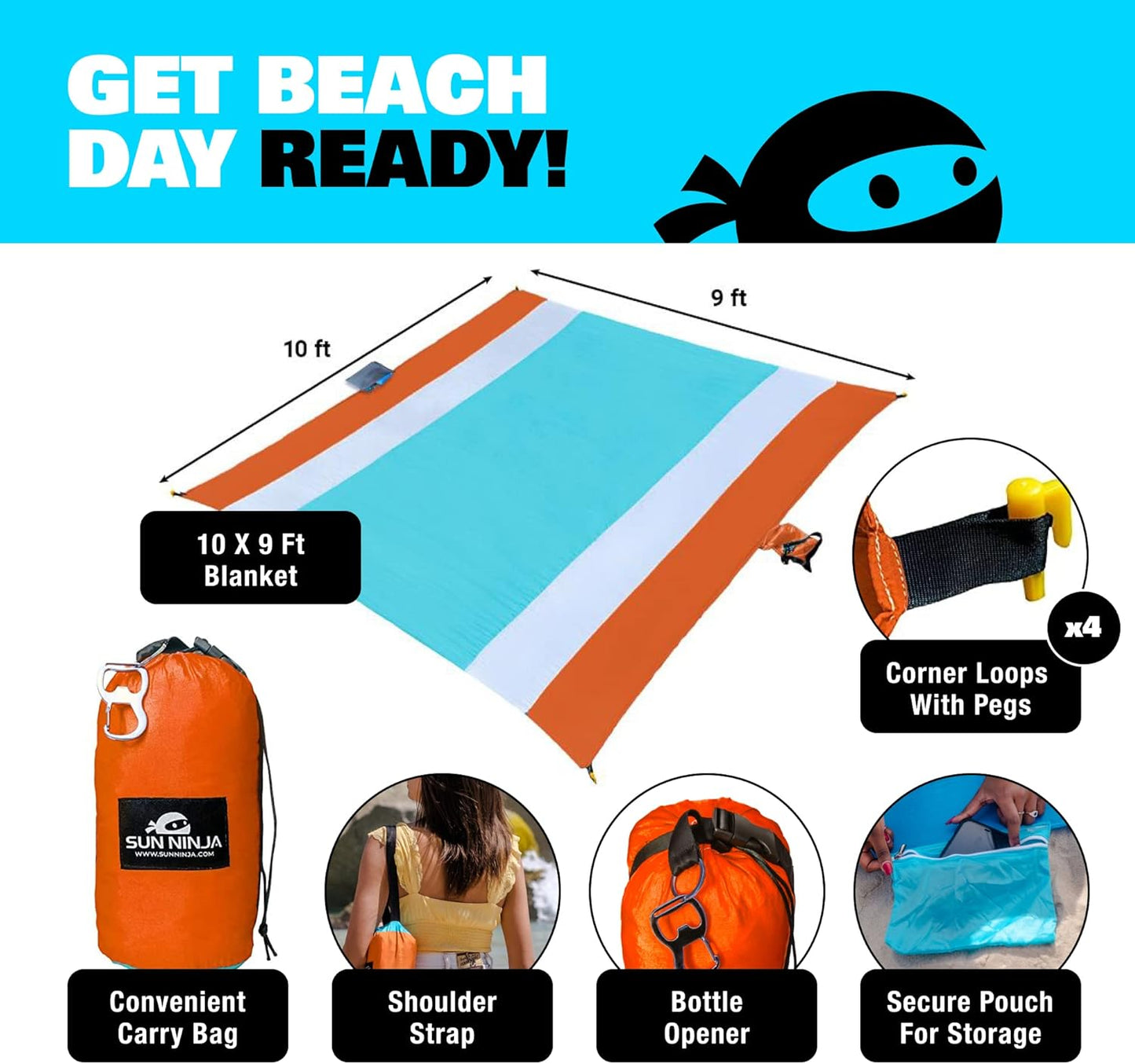 SUN NINJA Sand Free Beach Blanket - Outdoor Blanket, Beach Mat & Accessories - 10ft X 9ft Lightweight Blanket with Storage, Bottle Opener, Carabiner, Shoulder Strap, Corner Sand Pockets & 4 Stakes