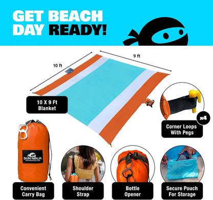SUN NINJA Sand Free Beach Blanket - Outdoor Blanket, Beach Mat & Accessories - 10ft X 9ft Lightweight Blanket with Storage, Bottle Opener, Carabiner, Shoulder Strap, Corner Sand Pockets & 4 Stakes