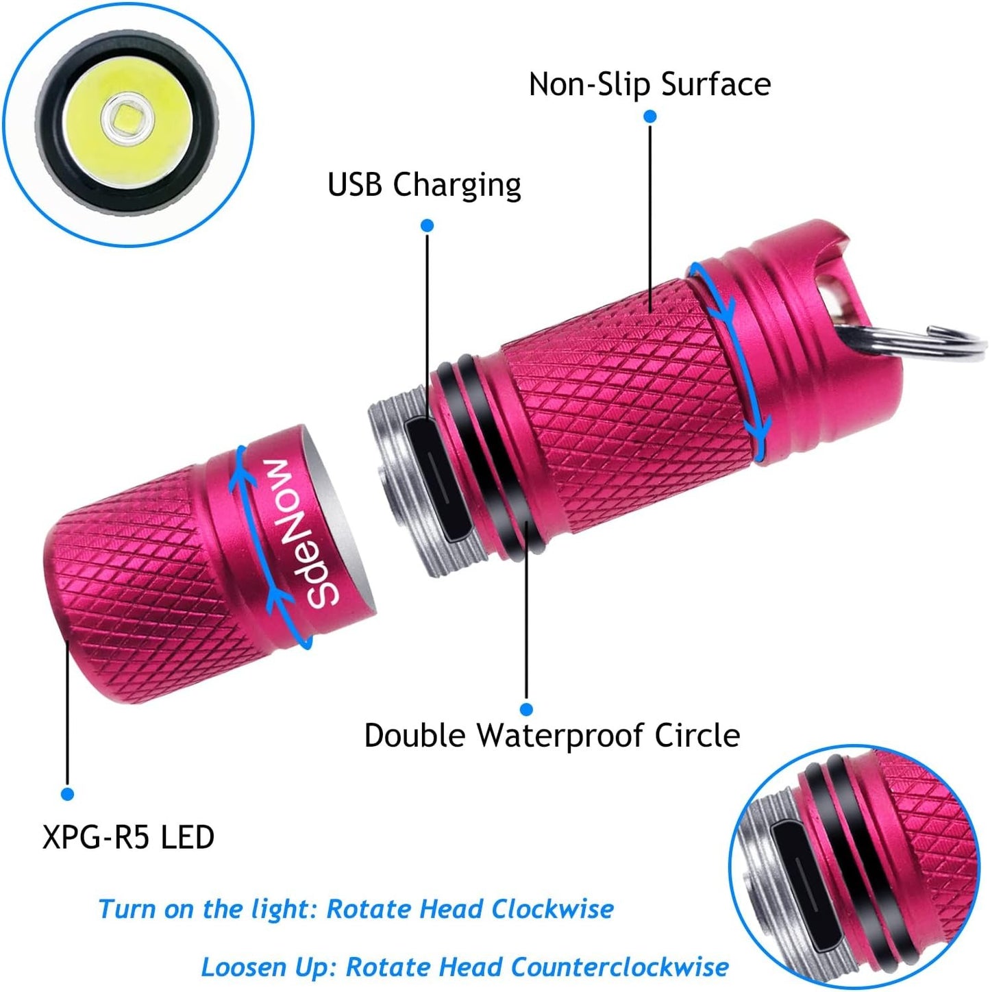 Mini Flashlight Keychain with Micro USB Tiny Flashlight Brightness can Achieve up to 200 lumens for EDC Torch (Red)