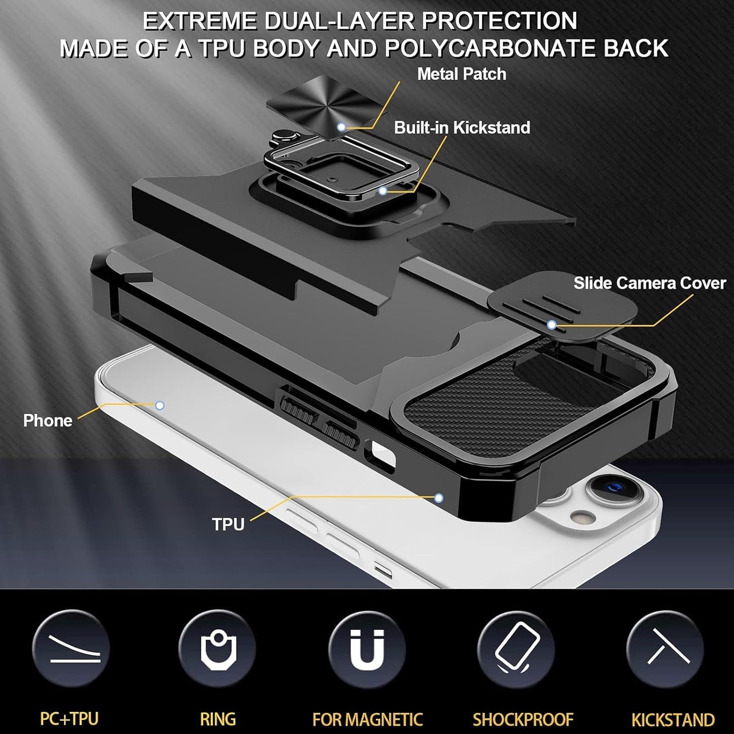 for iPhone 16 Plus Case with [Card Holder] and Camera Cover Built-in 360° Rotate Ring Stand Kickstand Magnetic Magnet Heavy Duty Protective Phone Cover Case for iPhone 16 Plus