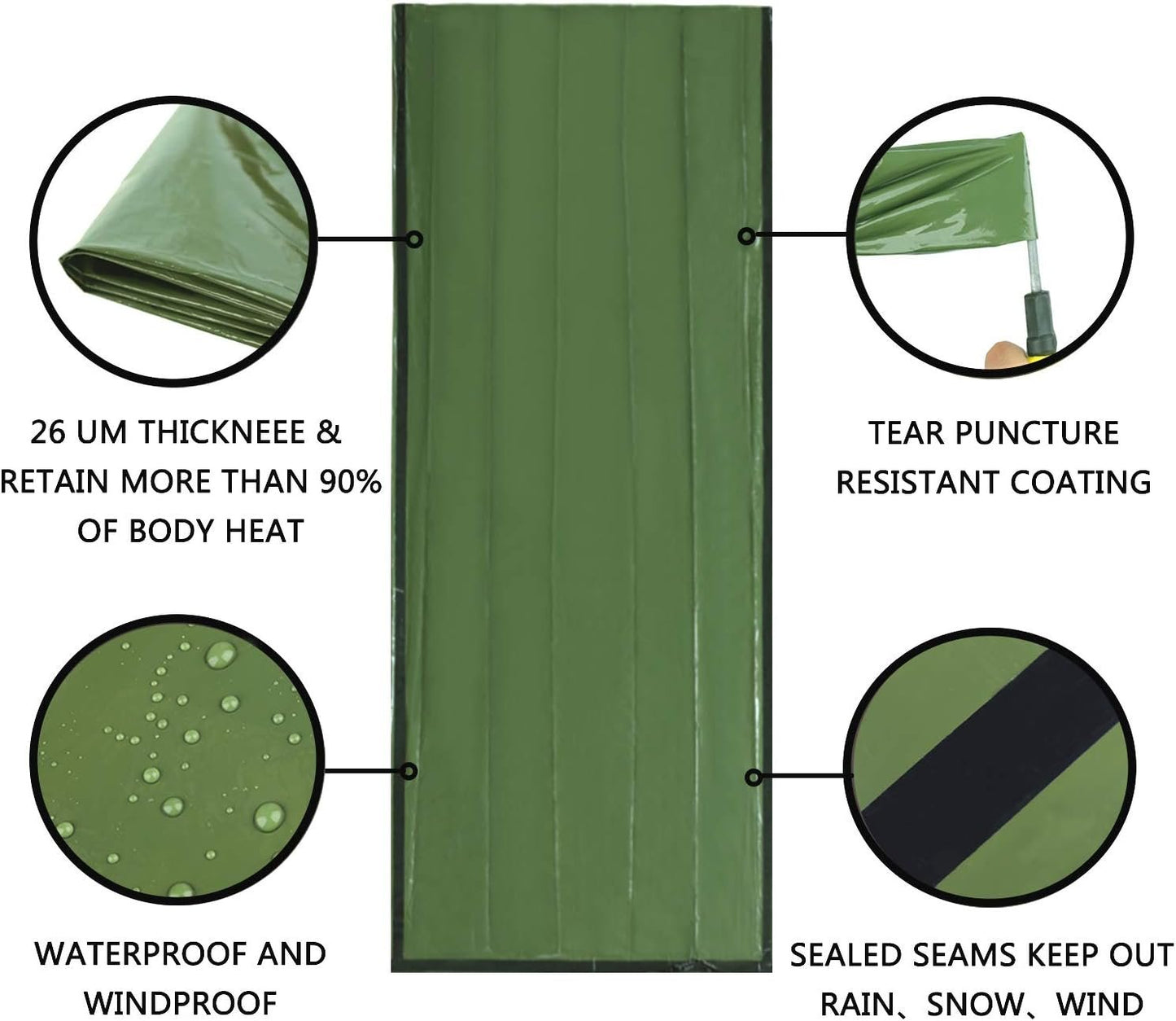 Delmera Emergency Survival Sleeping Bag, Lightweight Waterproof Thermal Emergency Blanket, Bivy Sack with Portable Drawstring Bag for Outdoor Adventure, Camping, Hiking, Orange (Green- 2 Packs)