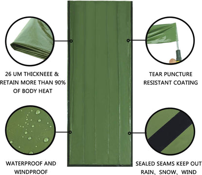 Delmera Emergency Survival Sleeping Bag, Lightweight Waterproof Thermal Emergency Blanket, Bivy Sack with Portable Drawstring Bag for Outdoor Adventure, Camping, Hiking, Orange (Green- 2 Packs)