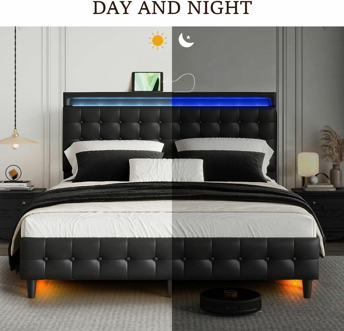 Luxsuite Queen Size Bed Frame Metal Mattress Base Wooden Platform Foundation with PU Leather Headboard BedHead Sleep Bedroom Furniture Black