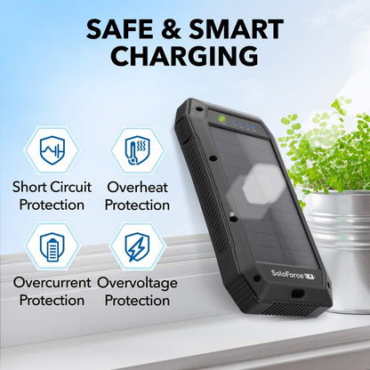 SoloForce Solar Power Bank - Solar Charger and Portable Battery with Portable Charger | QI Wireless Charger and Solar Charger for Cell Phone | 20000mAh Li-Po Solar Battery Charger