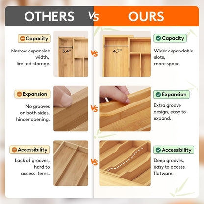 Lifewit Large Cutlery Drawer Organizer, Expandable 13" to 22.5" Utensil Holder for Kitchen, Bamboo Flatware and Silverware Tray, Wood Adjustable Storage for Spoons Forks Knives, Natural