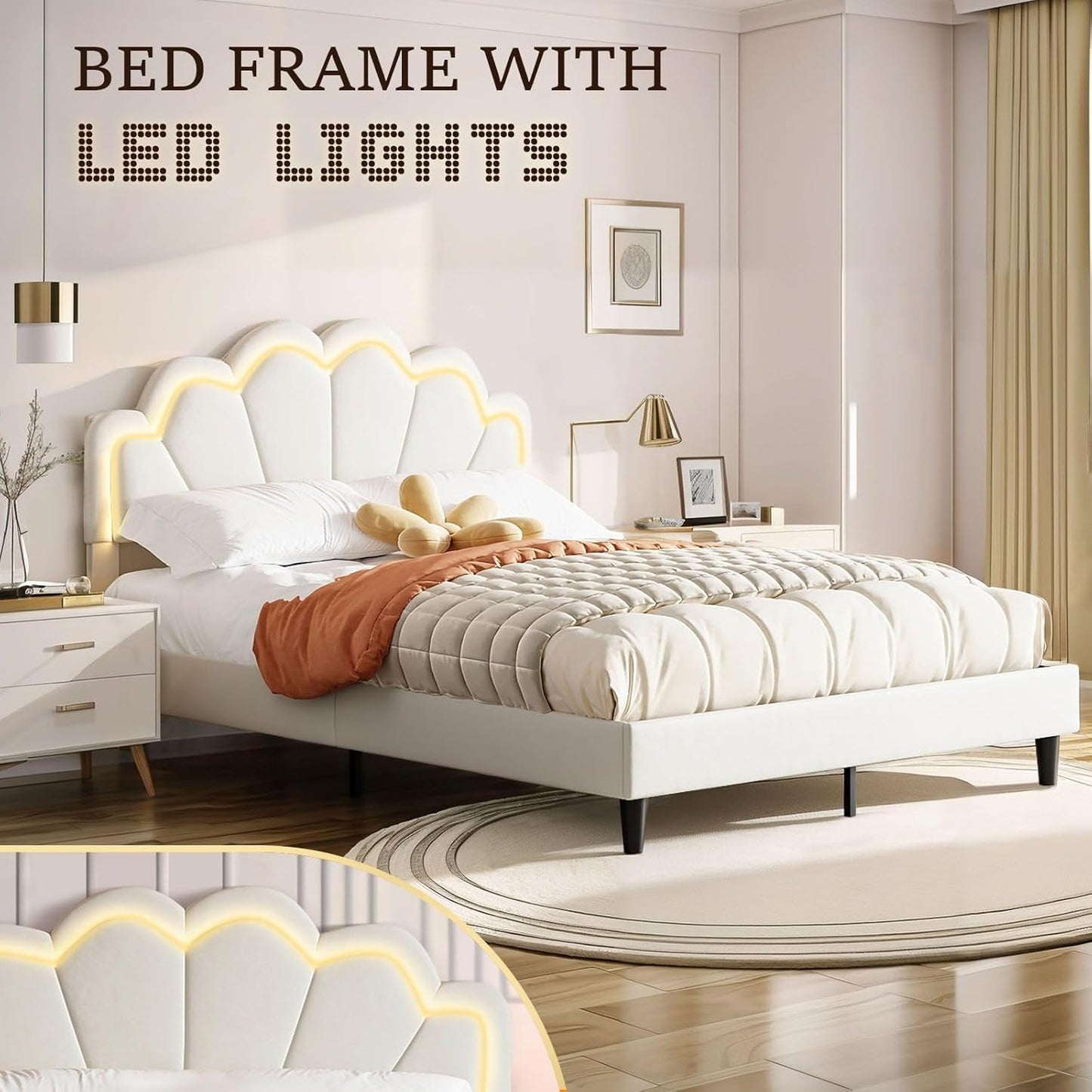 Luxsuite Queen Size Bed Frame with Elegant Flowers Headboard Metal Platform Wooden Mattress Base Bedroom Furniture Foundation White