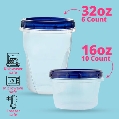 Plastic Food Deli Containers With Twist Top Lids - [16 Set Combo, 32&16 Oz] - Food Storage Soup Containers Takeout To Go - Microwave, Freezer & Dishwasher Safe BPA-Free