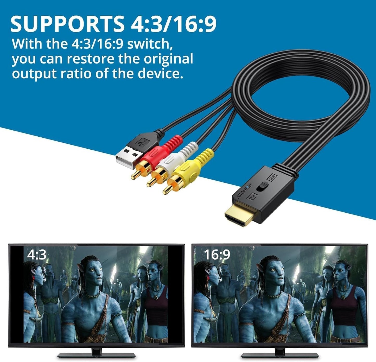 AUTOUTLET RCA to HDMI Converter with Aspect Ratio Switch (4:3/16:9), 1080P/720P Mini AV to HDMI Adapter with Built-in 150cm Cable for VCR, VHS, DVD