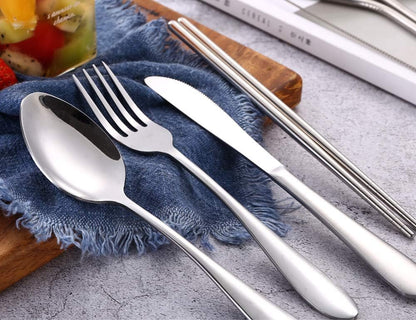 Travel Utensils with Case Reusable Silverware Portable Camping Utensils Cutlery Set 7pcs Lunch Utensil Kit Stainless Steel Flatware Set Including Knife Fork Spoon Chopsticks Straws Cleaning Brush