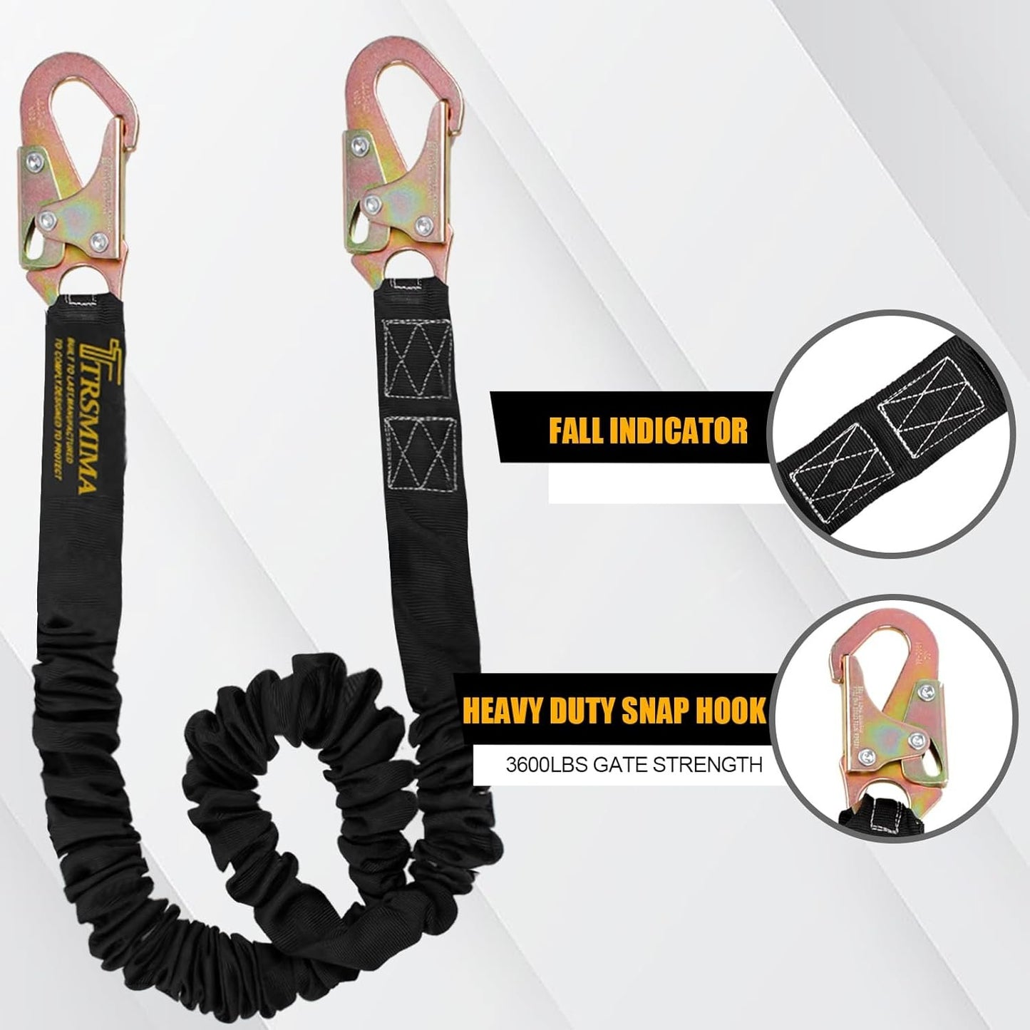 TRSMIMA Safety Harness Lanyard Retractable - Fall Protection Climbing Tree Strap 6 FT Single Leg Internal Shock Absorbing with Dual Snap Hook