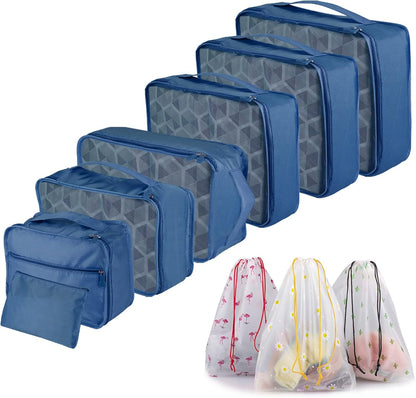 Sciphylia Luggage Organizer Suitcase Organizer Set of 10 Waterproof Travel Organizer Bags Travel Packing Cubes Useful Accessories for Cosmetic Clothes Shoes Underwear Navy Blue
