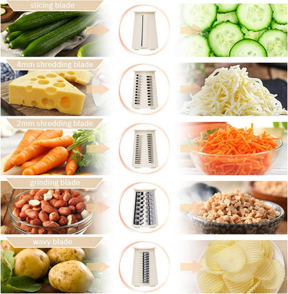 ENERGEVITY Manual Rotary Cheese Grater with Handle, 5 in 1 Replaceable Stainless Blades Cheese Shredder,Strong Suction Base Vegetable Slicer with Cleaning Brush & Bonus Storage Box for Blades (white)