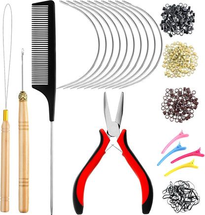 Chuangdi Hair Extension Tools Kit, 600 Silicone Lined Micro Ring Beads 1 Pliers 2 Hook Needle Pulling Loop 10 Curved Hair Needle 4 Alligator Clips 1 Comb 100 Black Mini Rubber Band