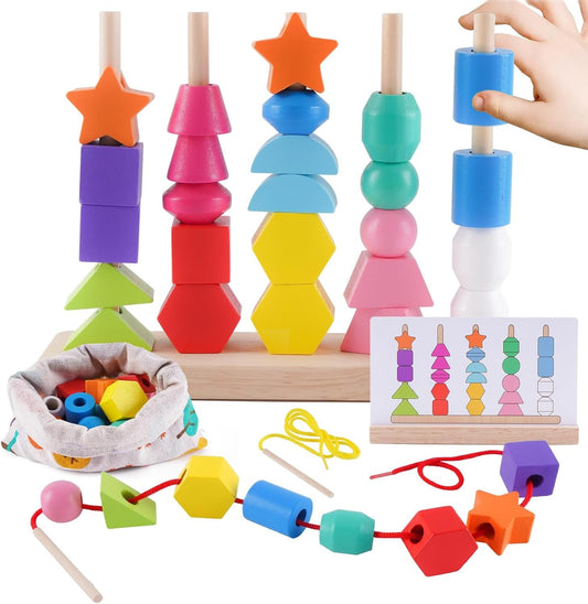 Toddler Montessori Toys Wooden Beads Sequencing Toy Set, Stacking Blocks & Lacing Beads & Matching Shapes, Shape Sorter Toys for 3 4 5 Year Old Boys Girls, STEM Preschool Learning Toys Gifts for Kids