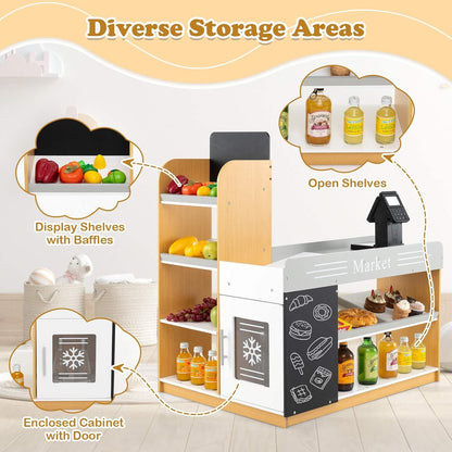 HONEY JOY Pretend Play Grocery Store Set, Kids Market Stand with Shopping Cart, 2 Chalkboards & Cash Register, Wooden Supermarket Playset with Display Shelves, Toy Playset for Children 3+ Years Old