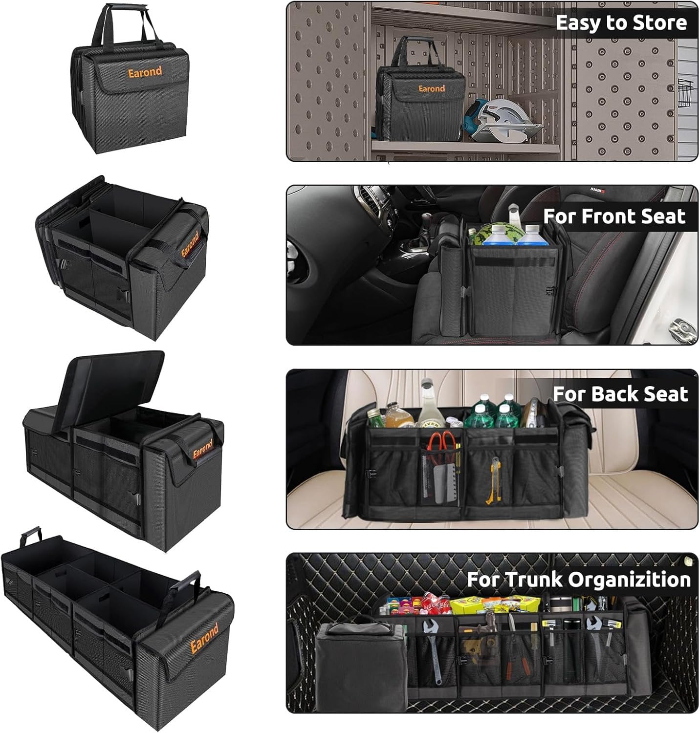 EAROND Car Trunk Organizer with Portable Leakproof Cooler Bag,Foldable Cover,Adjustable Securing Straps,Collapsible Trunk Organizer for Car,SUV,Truck and Other Vehicles(4-in-1 with Cooler)