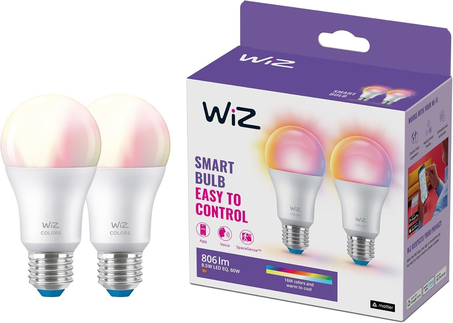 WiZ Smart Colour Bulb, E27, 8.5W, Tunable, Motion Sensor with App, Connected WiFi Compatible with Alexa, Google Assistant & HomeKit, App Control for Home Indoor Lighting, Bedroom, 2Pack